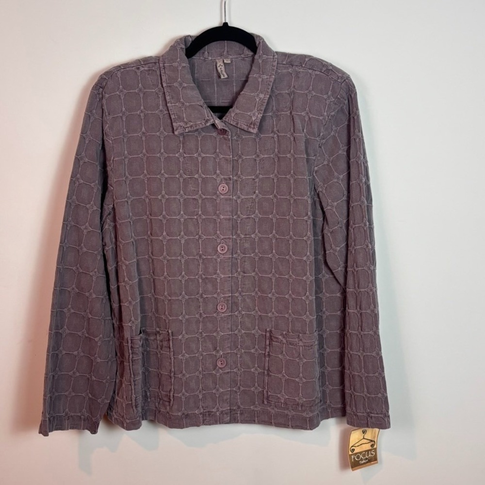 NEW Focus Womens Grey Textured 100% Cotton Button Front Heavyweight Blouse sz Lg
